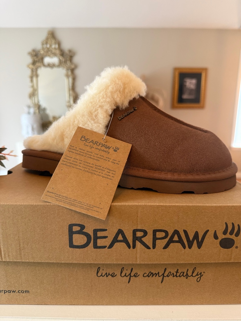NIB Ladies Bearpaw Suede Shearling-Lined Slip-On Slippers,Size 9